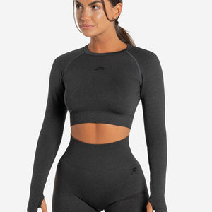 Core Seamless Long Sleeve Crop Top / Black Marl Pursue Fitness 1